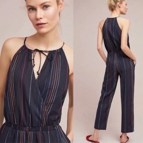dolan Pants - Anthropologie Dolan Navy/Rainbow Striped Halter Jumpsuit. Size S